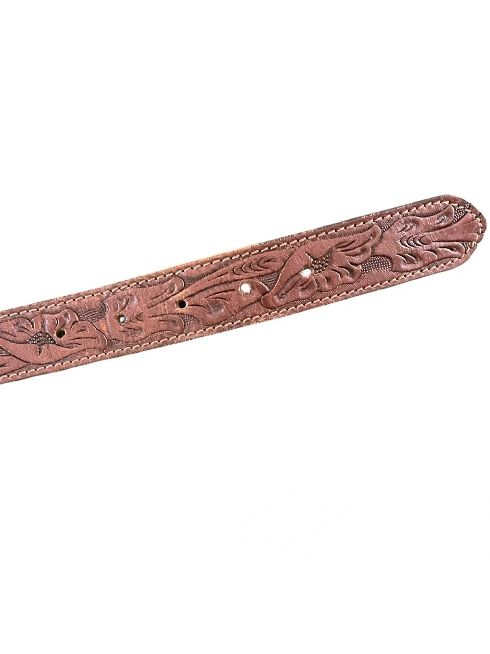 Brown Leather Floral Print Tooled Belt with Gold Finish Country Western Boho